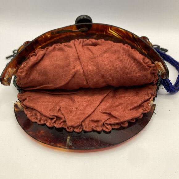 Hand Beaded and Sewn Beaded Bag/Purse wit Tortoise Shell Frame Antique Victorian - Picture 8 of 10
